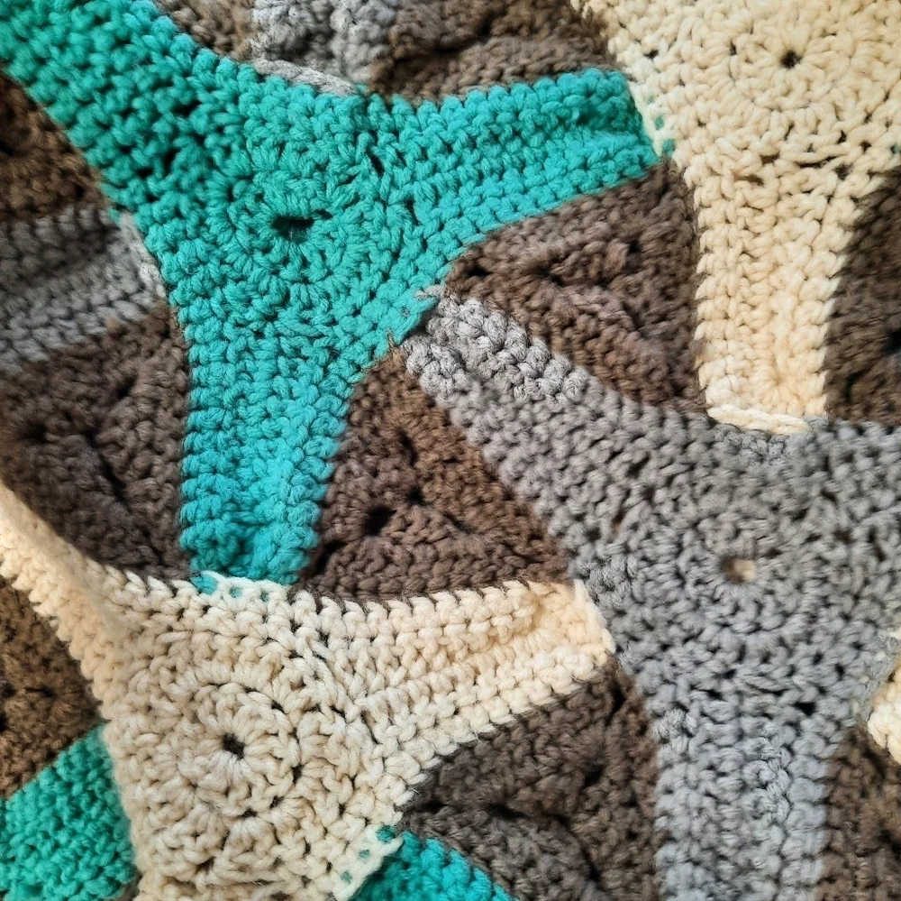Handmade Crochet in Blue Green, Gray, and Cream 42x36 Throw